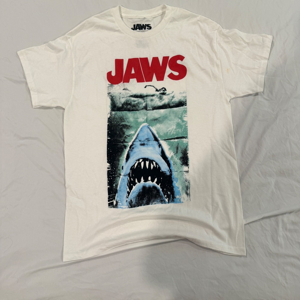 Jaws Movie Poster Graphic T-Shirt Mens Medium White Hybrid Apparel Shark Film
